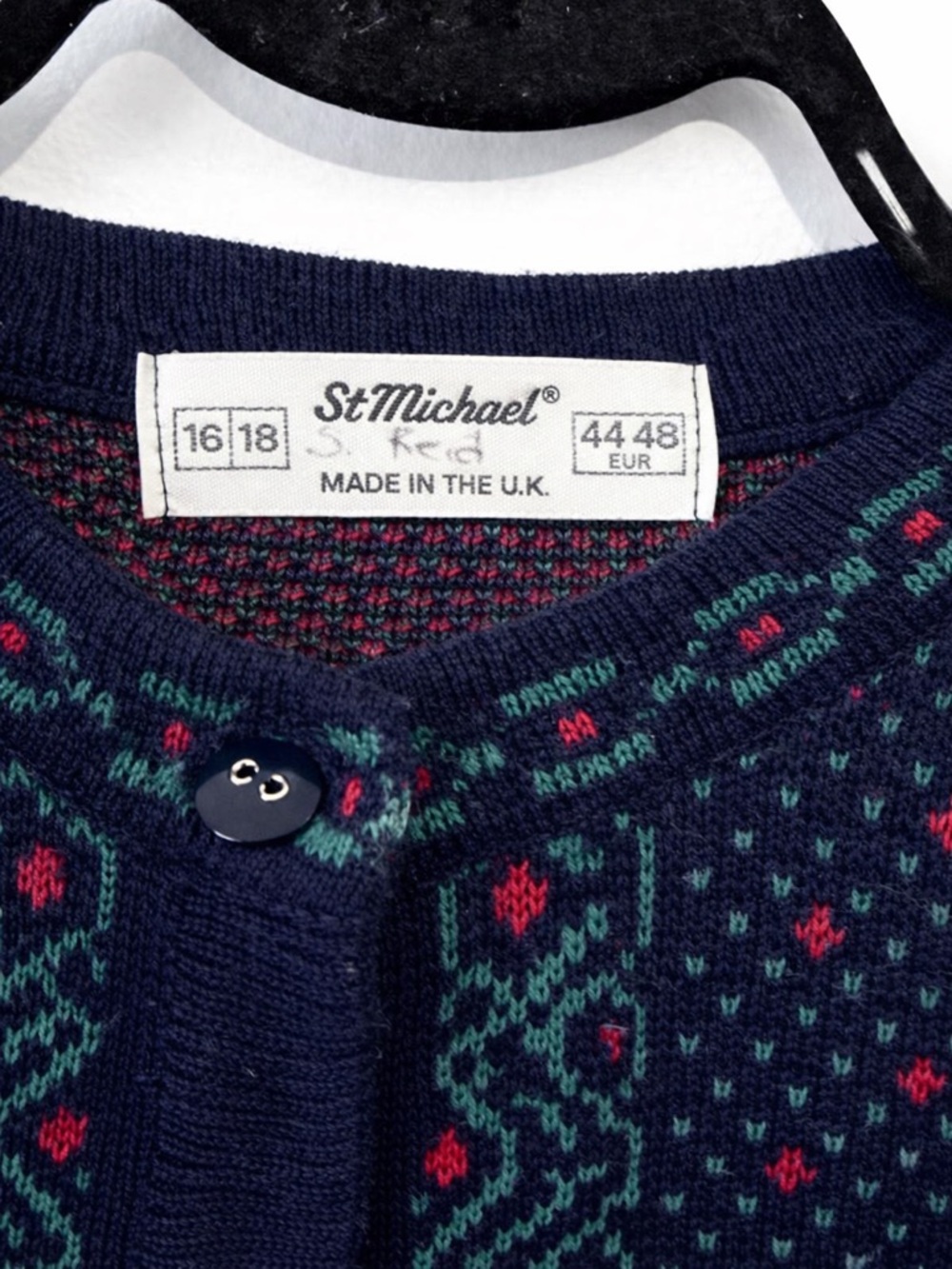 Vintage St. Michael Cardigan Sweater | Fair Isle Style | Navy Red Green | Size L - Picture 2 of 6